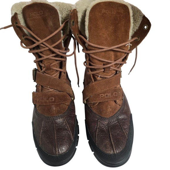 Polo Ralph Lauren Vtg Tavin Rollover Shearling Brown Leather Boots Mens Size 10D